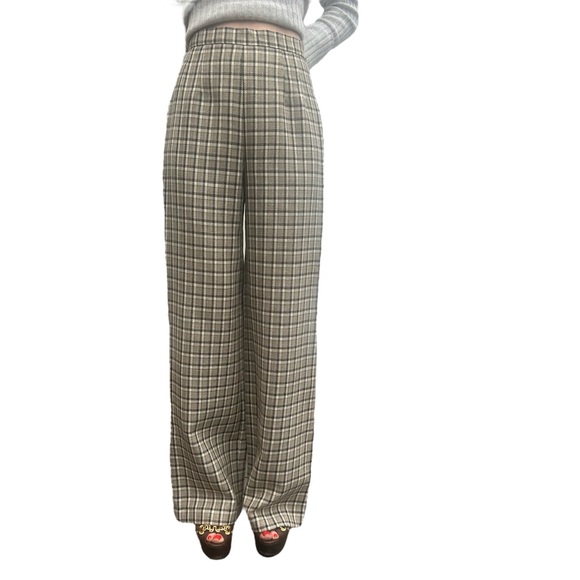 MARYAM NASSIR ZADEH Wool Plaid High-Rise Wide Leg Brown Pants Small Academia